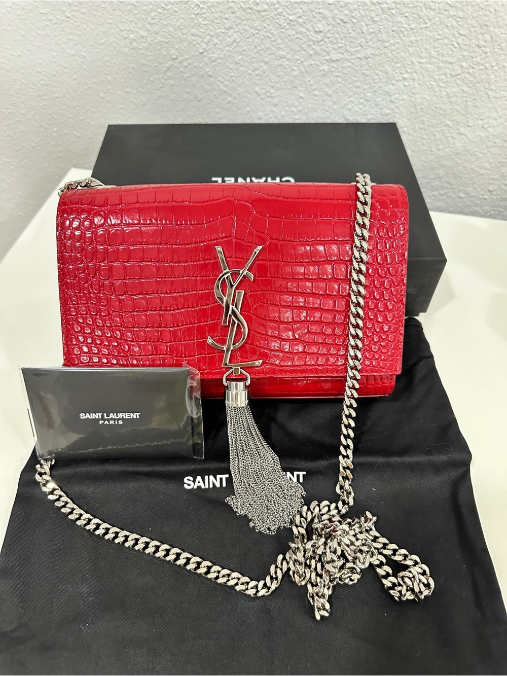 Saint Laurent Red Croc-Embossed Kate Chain Crossbody